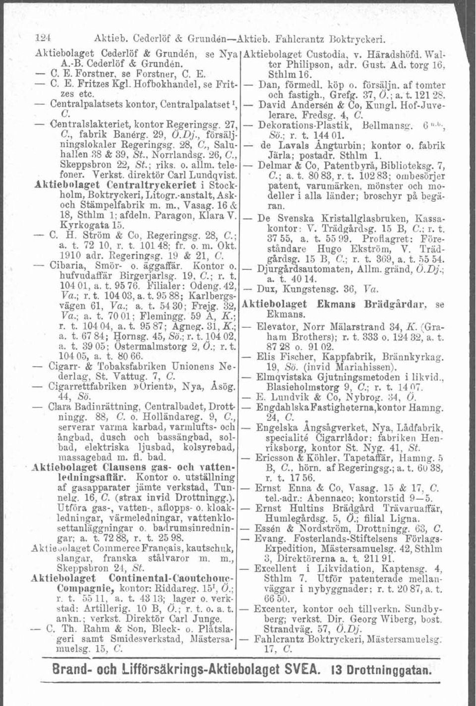 - Centralpalatsets kontor, Centralpalatset I, - David Andersén & Co, Kungl. Hof-Juve- C. lerare, Fredsg. 4, C. - Centralslakteriet, kontor Regeringsg. 27, - Dekorations-Plastik, Bellmans:. 6 l1 b, C.