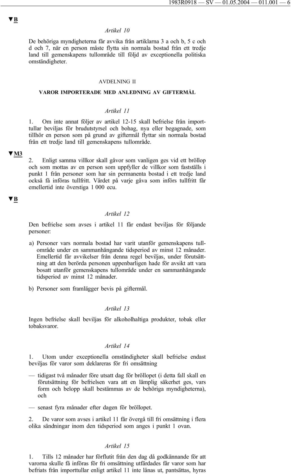 följd av exceptionella politiska omständigheter. AVDELNING II VAROR IMPORTERADE MED ANLEDNING AV GIFTERMÅL Artikel 11 1.