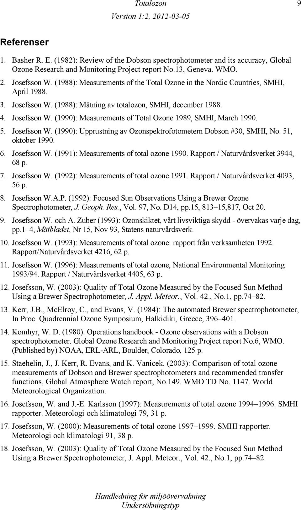 5. Josefsson W. (1990): Upprustning av Ozonspektrofotometern Dobson #30, SMHI, No. 51, oktober 1990. 6. Josefsson W. (1991): Measurements of total ozone 1990. Rapport / Naturvårdsverket 3944, 68 p. 7.