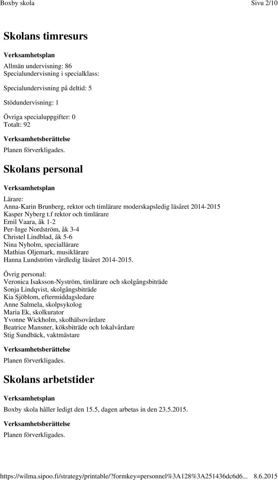 f rektor och timlärare Emil Vaara, åk 1-2 Per-Inge Nordström, åk 3-4 Christel Lindblad, åk 5-6 Nina Nyholm, speciallärare Mathias Oljemark, musiklärare Hanna Lundström vårdledig läsåret 2014-2015.