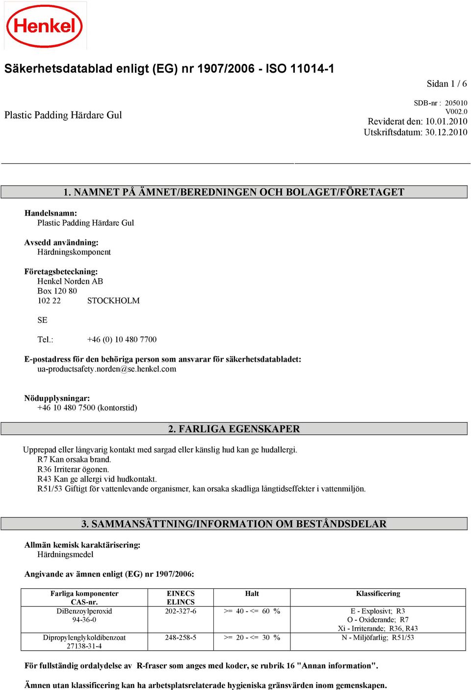 Tel.: +46 (0) 10 480 7700 E-postadress för den behöriga person som ansvarar för säkerhetsdatabladet: ua-productsafety.norden@se.henkel.com Nödupplysningar: +46 10 480 7500 (kontorstid) 2.