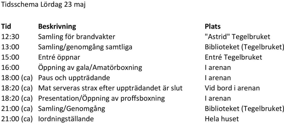 (ca) Paus och uppträdande I arenan 18:20 (ca) Mat serveras strax efter uppträdandet är slut Vid bord i arenan 18:20 (ca)