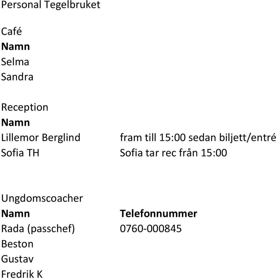 biljett/entré Sofia TH Sofia tar rec från 15:00