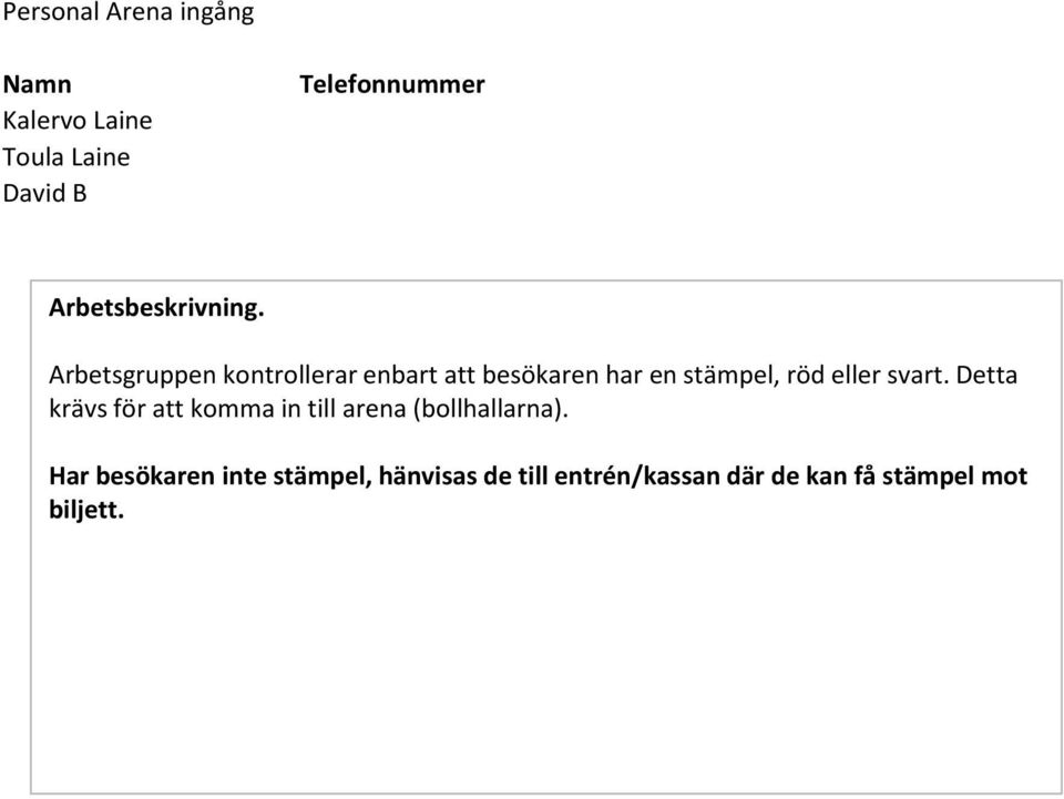Arbetsgruppenkontrollerar enbart att besökaren har en stämpel, röd eller svart.