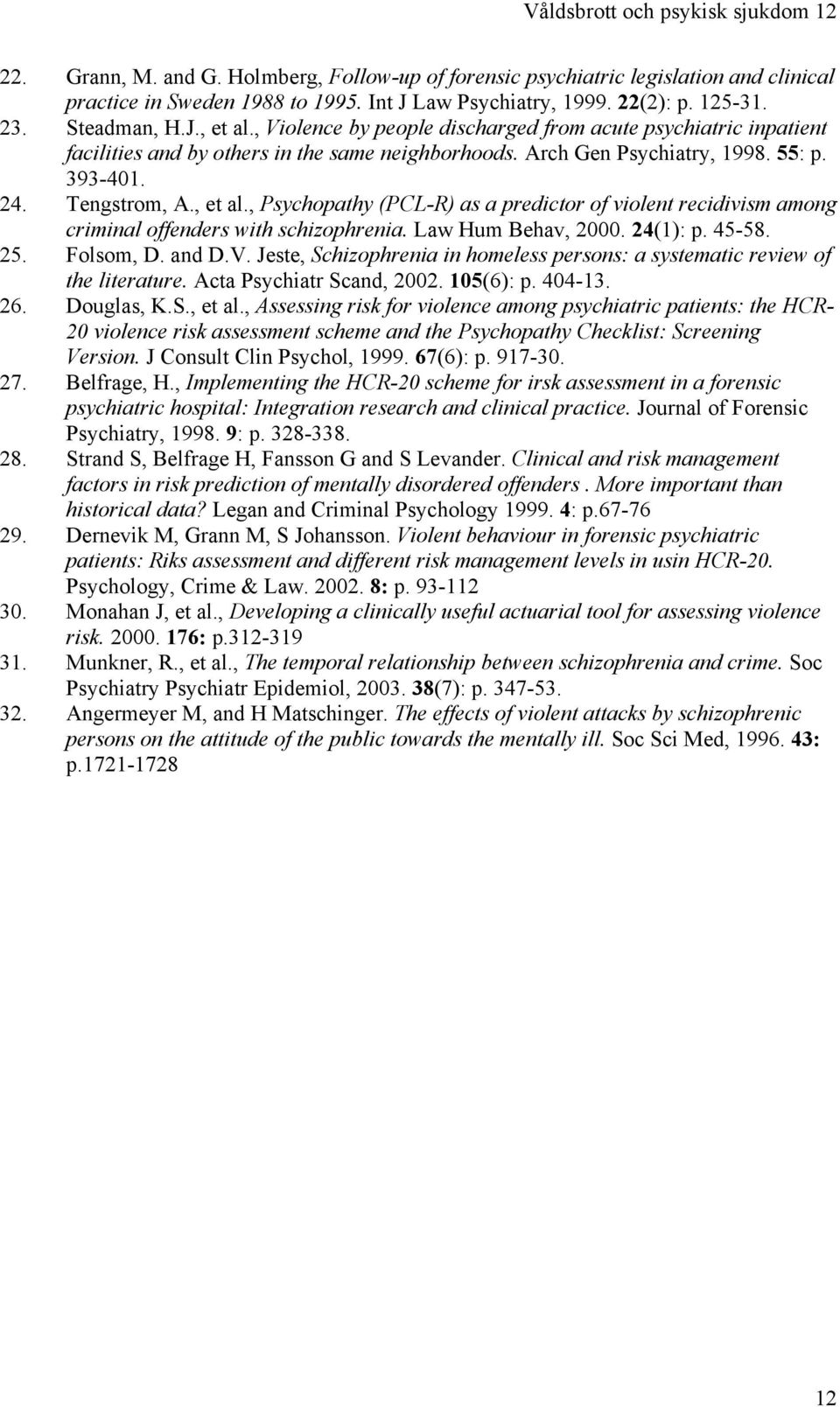 Tengstrom, A., et al., Psychopathy (PCL-R) as a predictor of violent recidivism among criminal offenders with schizophrenia. Law Hum Behav, 2. 24(1): p. 45-58. 25. Folsom, D. and D.V.