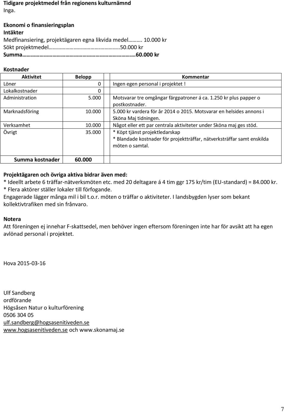 250 kr plus papper o postkostnader. Marknadsföring 10.000 5.000 kr vardera för år 2014 o 2015. Motsvarar en helsides annons i Sköna Maj tidningen. Verksamhet 10.