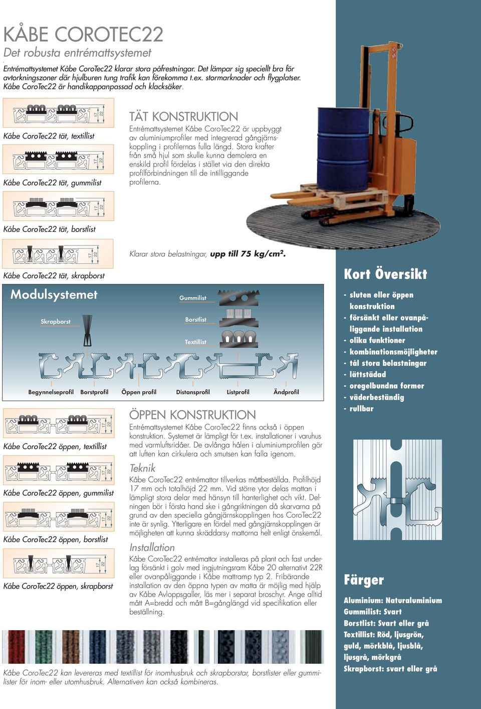 Kåbe CoroTec22 tät, textillist 17 22 17 22 Kåbe CoroTec22 tät, gummilist TÄT KONSTRUKTION Entrémattsystemet Kåbe CoroTec22 är uppbyggt av aluminiumprofiler med integrerad gångjärnskoppling i