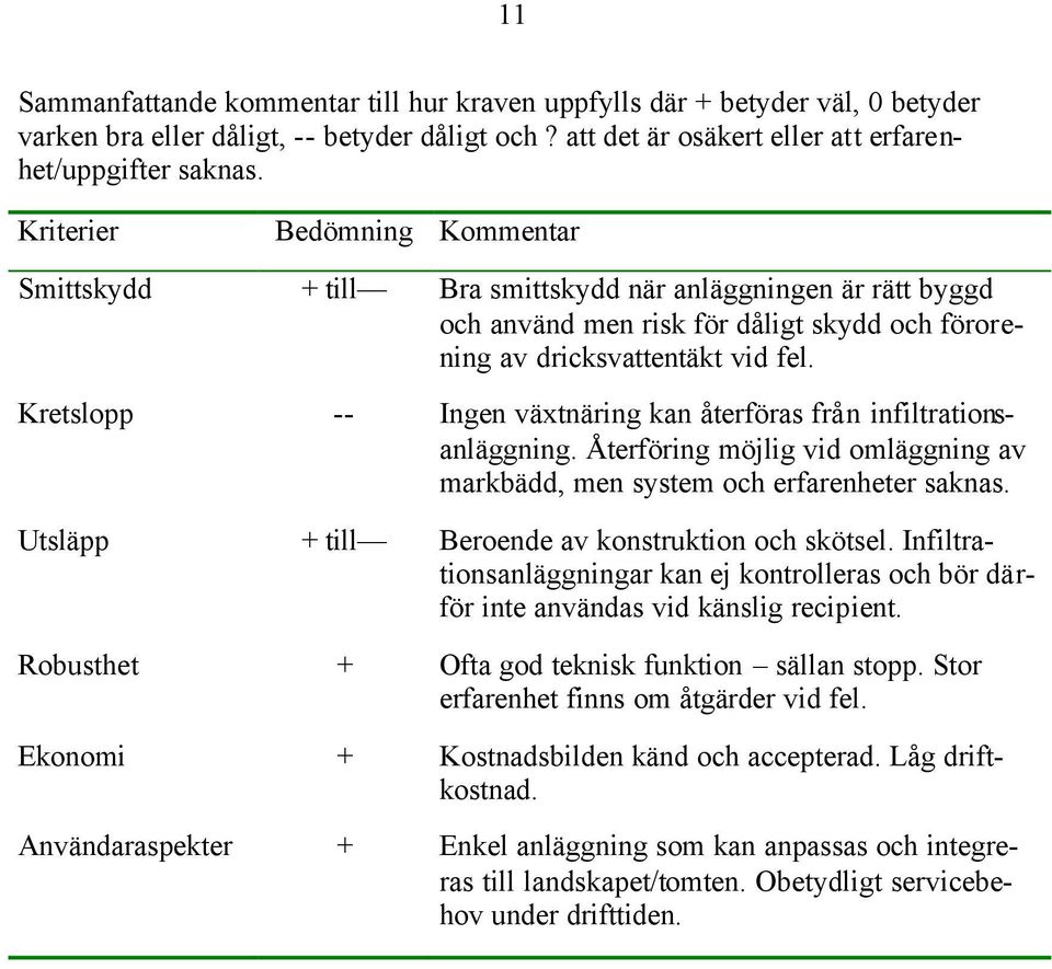 Kretslopp -- Ingen växtnäring kan återföras från infiltrationsanläggning. Återföring möjlig vid omläggning av markbädd, men system och erfarenheter saknas.