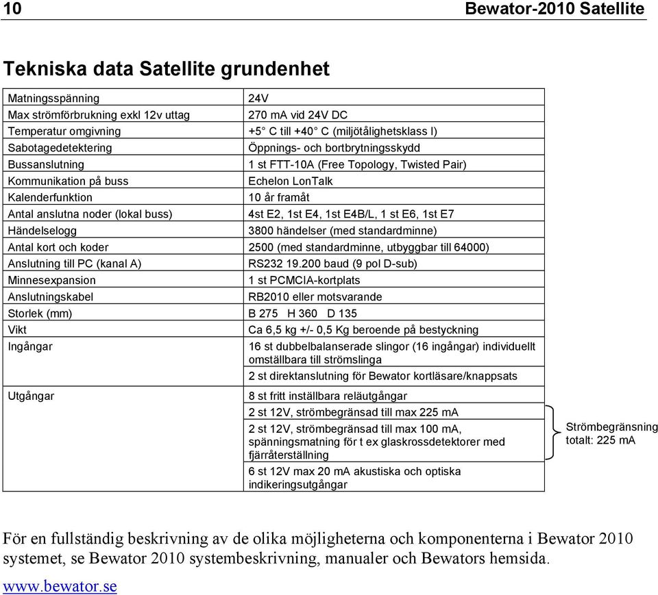 Echelon LonTalk 10 år framåt 4st E2, 1st E4, 1st E4B/L, 1 st E6, 1st E7 3800 händelser (med standardminne) Antal kort och koder 2500 (med standardminne, utbyggbar till 64000) Anslutning till PC