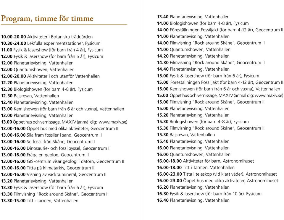 20 Planetarievisning, Vattenhallen 12.30 Biologishowen (för barn 4-8 år), Fysicum 12.30 Bajsresan, Vattenhallen 12.40 Planetarievisning, Vattenhallen 13.