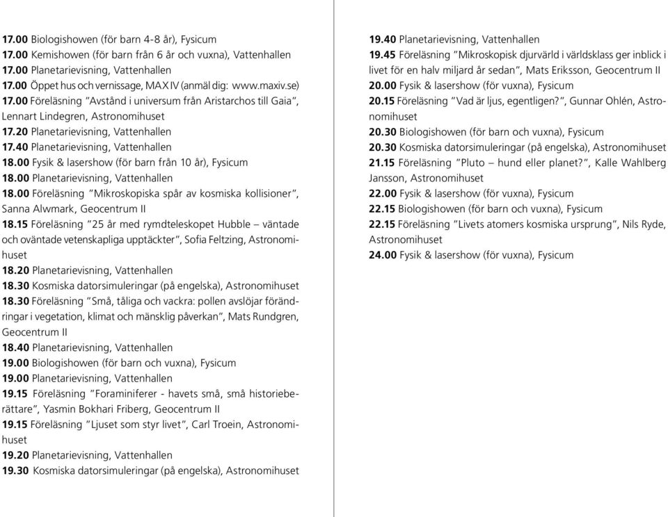 20 Planetarievisning, Vattenhallen 17.40 Planetarievisning, Vattenhallen 18.00 Fysik & lasershow (för barn från 10 år), Fysicum 18.00 Planetarievisning, Vattenhallen 18.