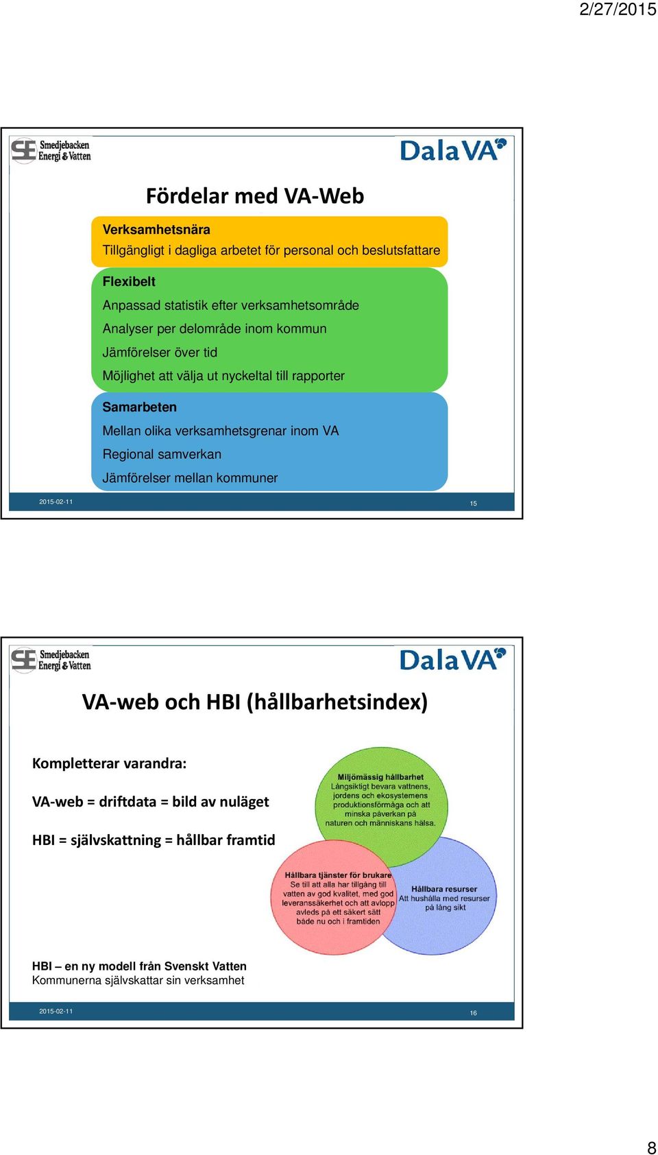 olika verksamhetsgrenar inom VA Regional samverkan Jämförelser mellan kommuner 15 VA web och HBI (hållbarhetsindex) Kompletterar varandra: VA