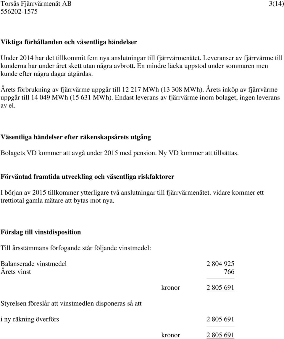 Årets förbrukning av fjärrvärme uppgår till 12 217 MWh (13 308 MWh). Årets inköp av fjärrvärme uppgår till 14 049 MWh (15 631 MWh). Endast leverans av fjärrvärme inom bolaget, ingen leverans av el.