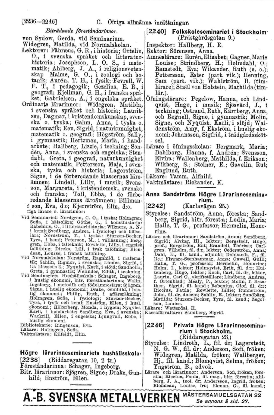 telin, Rektor: Sörensen, Anna. O., i svenska språket och litteratur- Amneslärare: Euren, Elisabet; Gagner, Marie historia; Josephson, L. O. S., i mate- Louise; Strindberg, H.; Holmdahl. O.; matik; Ahlberg, J.