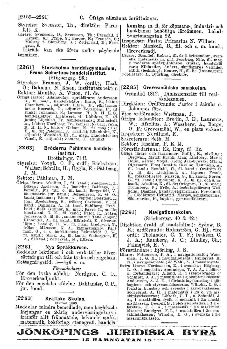 Widner. Rektor: Mankell, B., fil. och s. m. kand., ske äfven under pågående läroverksadj. Lärare: Brandel, Robert, :fil.dr (i kristendom, sven. ska, matematik m. m.); Forsberg, Nila, fil. mag.