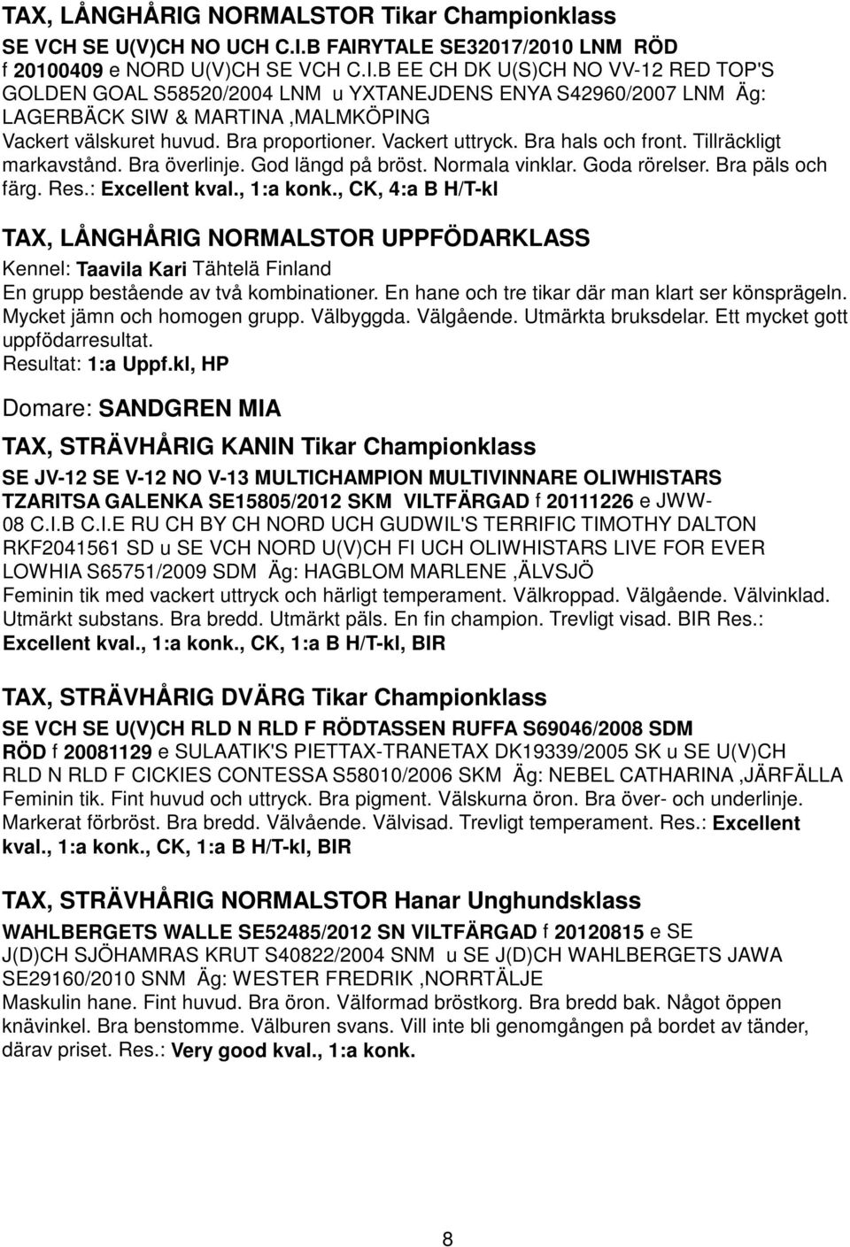 , CK, 4:a B H/T-kl TAX, LÅNGHÅRIG NORMALSTOR UPPFÖDARKLASS Kennel: Taavila Kari Tähtelä Finland En grupp bestående av två kombinationer. En hane och tre tikar där man klart ser könsprägeln.