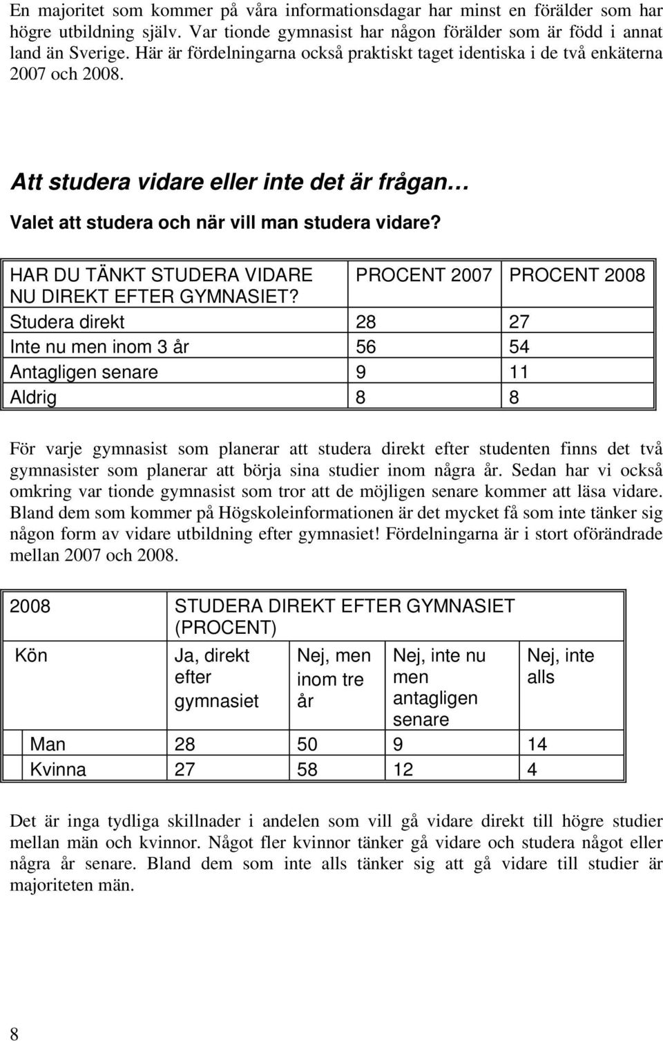 HAR DU TÄNKT STUDERA VIDARE PROCENT 2007 PROCENT 2008 NU DIREKT EFTER GYMNASIET?