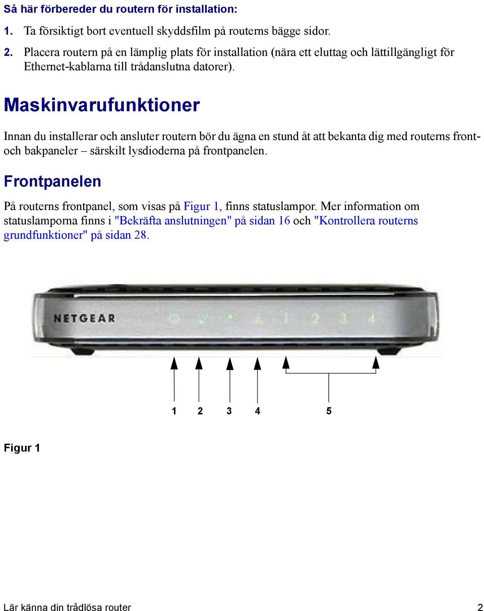 Maskinvarufunktioner Innan du installerar och ansluter routern bör du ägna en stund åt att bekanta dig med routerns frontoch bakpaneler särskilt lysdioderna på frontpanelen.