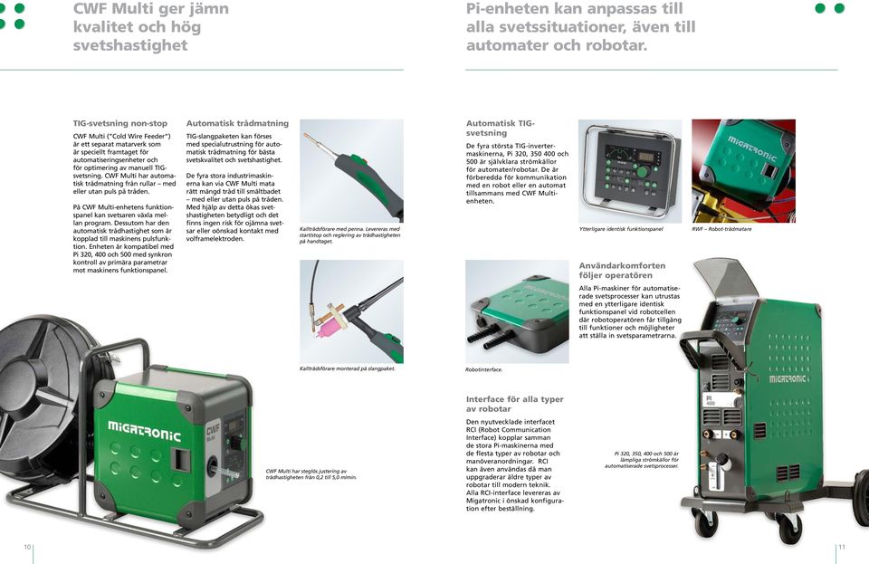 CWF Multi har automatisk trådmatning från rullar med eller utan puls på tråden. På CWF Multi-enhetens funktionspanel kan svetsaren växla mellan program.