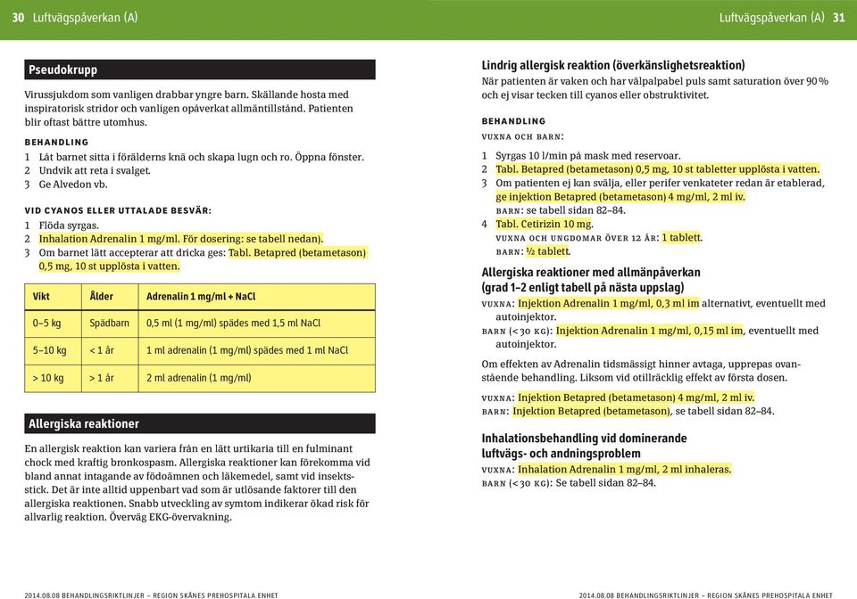 VID CYANOS ELLER UTTALADE BESVÄR: 1 Flöda syrgas. 2 Inhalation Adrenalin 1 mg/ml. För dosering: se tabell nedan). 3 Om barnet lätt accepterar att dricka ges: Tabl.