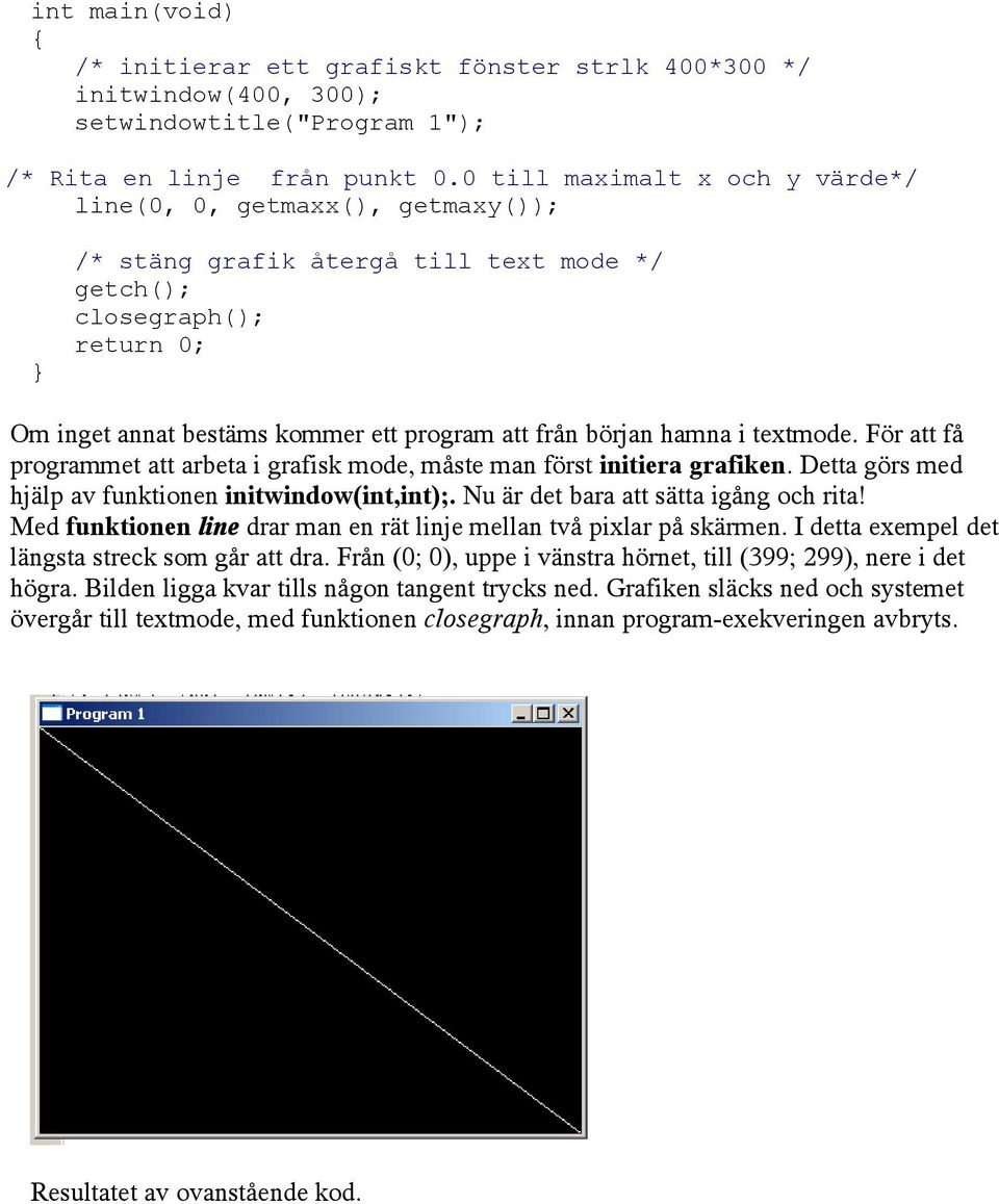 hamna i textmode. För att få programmet att arbeta i grafisk mode, måste man först initiera grafiken. Detta görs med hjälp av funktionen initwindow(int,int);. Nu är det bara att sätta igång och rita!