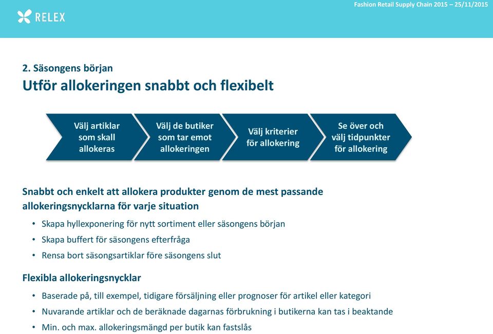 eller säsongens början Skapa buffert för säsongens efterfråga Rensa bort säsongsartiklar före säsongens slut Flexibla allokeringsnycklar Baserade på, till exempel, tidigare