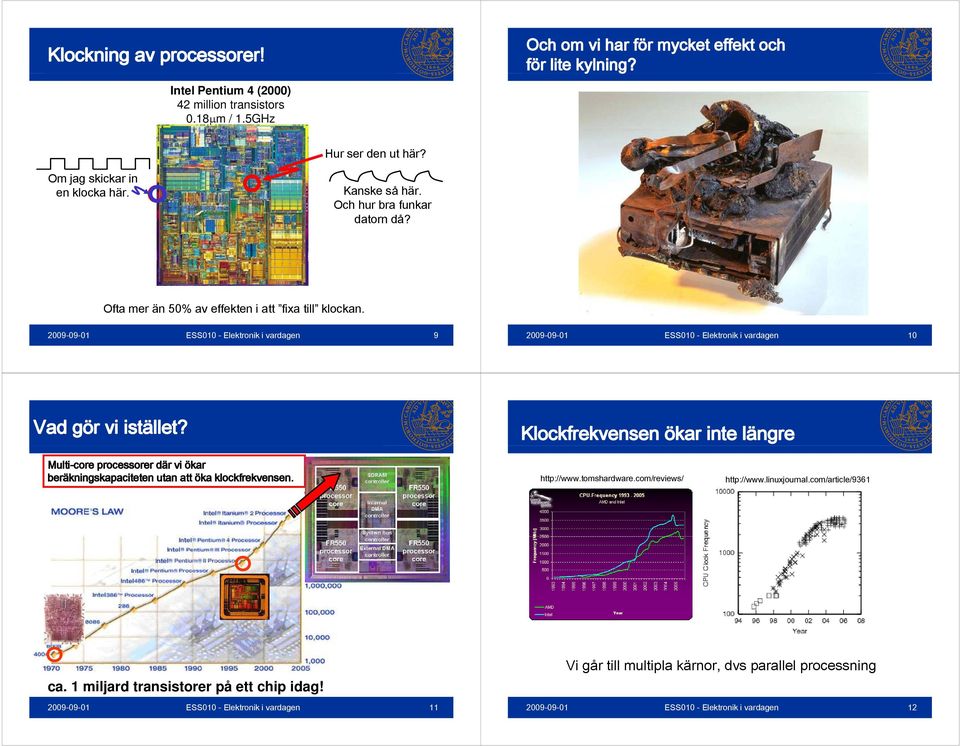 9 10 Vad gör vi istället? Klockfrekvensen ökar inte längre Multi-core processorer där vi ökar beräkningskapaciteten utan att öka klockfrekvensen. http://www.