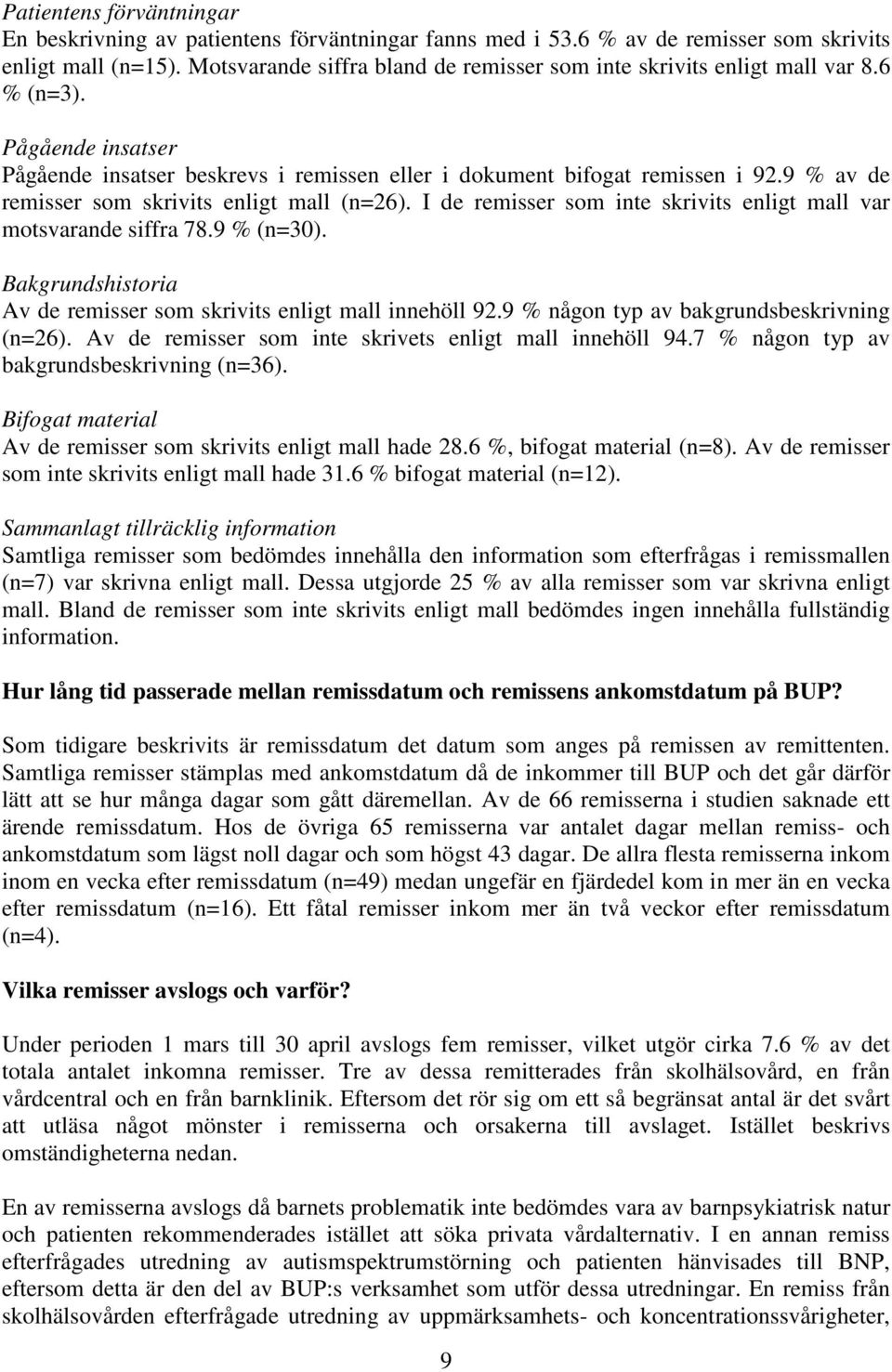 9 % av de remisser som skrivits enligt mall (n=26). I de remisser som inte skrivits enligt mall var motsvarande siffra 78.9 % (n=30).