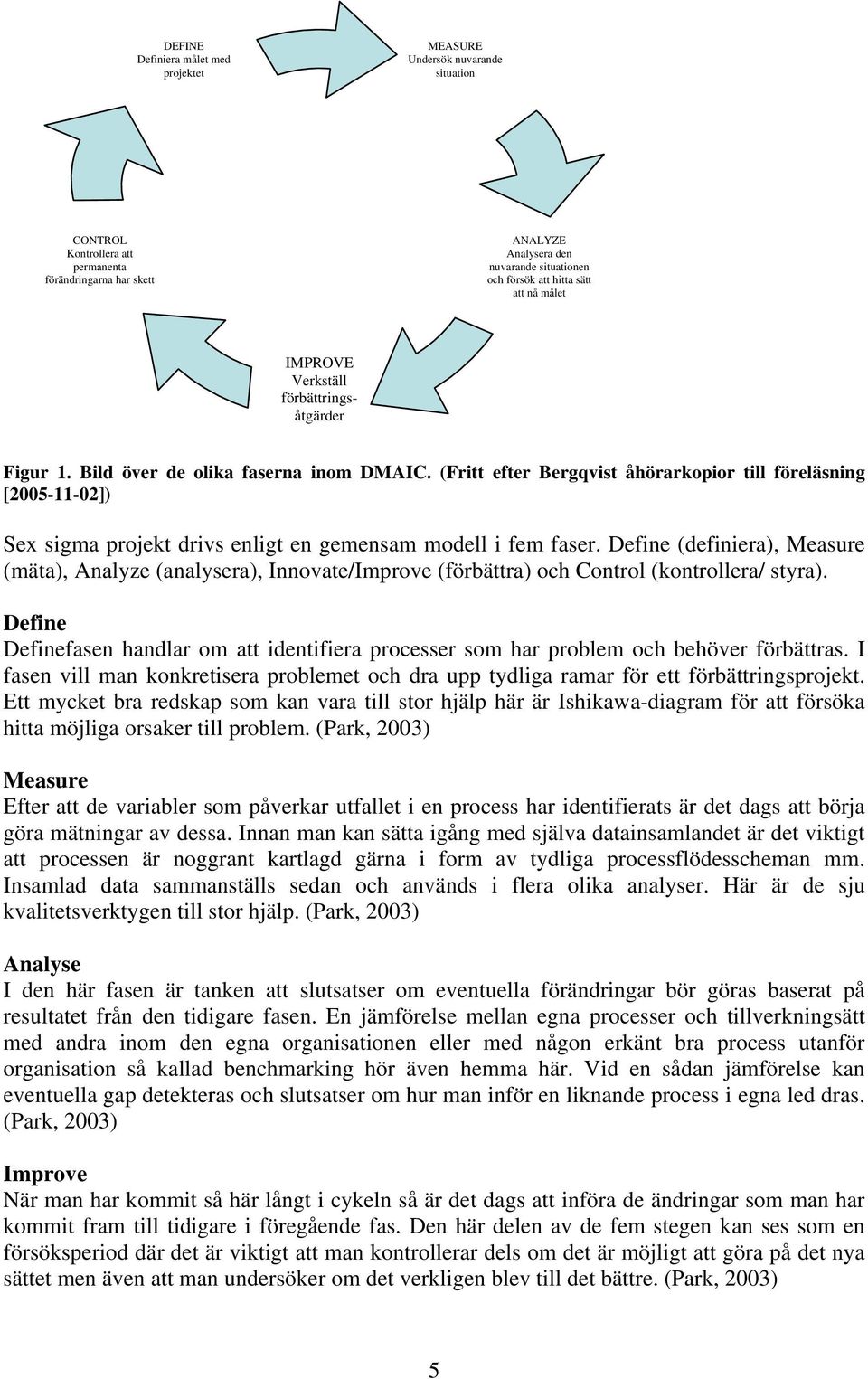 (Fritt efter Bergqvist åhörarkopior till föreläsning [2005-11-02]) Sex sigma projekt drivs enligt en gemensam modell i fem faser.