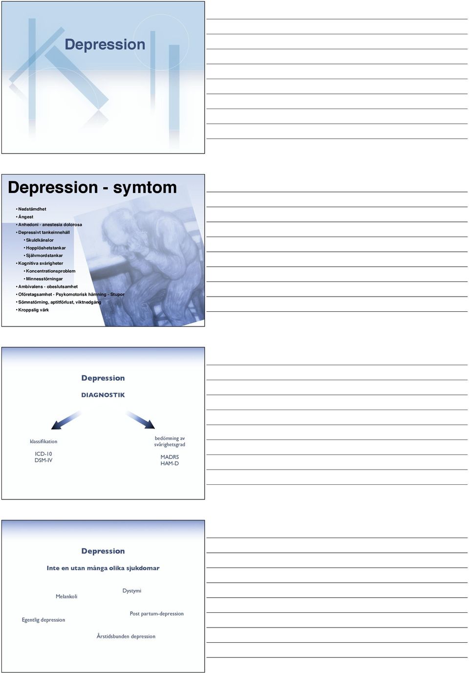 hämning - Stupor Sömnstörning, aptitförlust, viktnedgång Kroppslig värk Depression DIAGNOSTIK klassifikation ICD-10 DSM-IV bedömning av