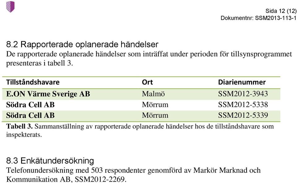 presenteras i tabell 3. Tillståndshavare Ort Diarienummer E.