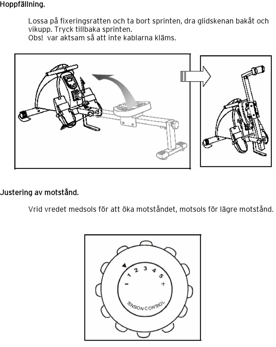 bakåt och vikupp. Tryck tillbaka sprinten. Obs!