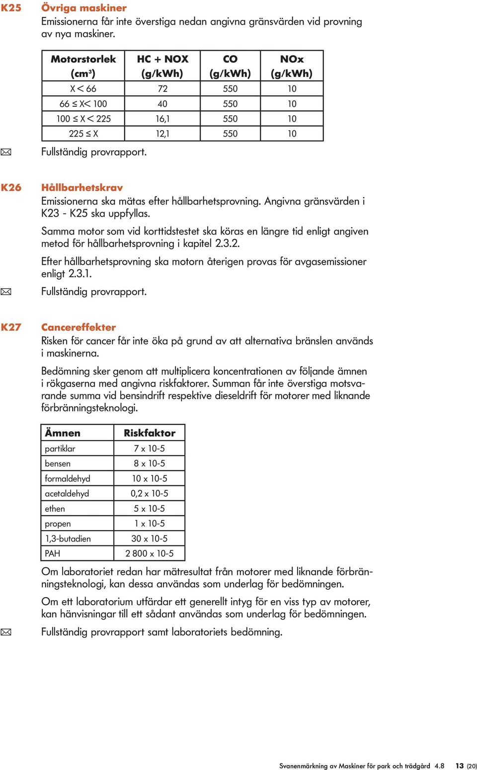 K26 Hållbarhetskrav Emissionerna ska mätas efter hållbarhetsprovning. Angivna gränsvärden i K23 - K25 ska uppfyllas.