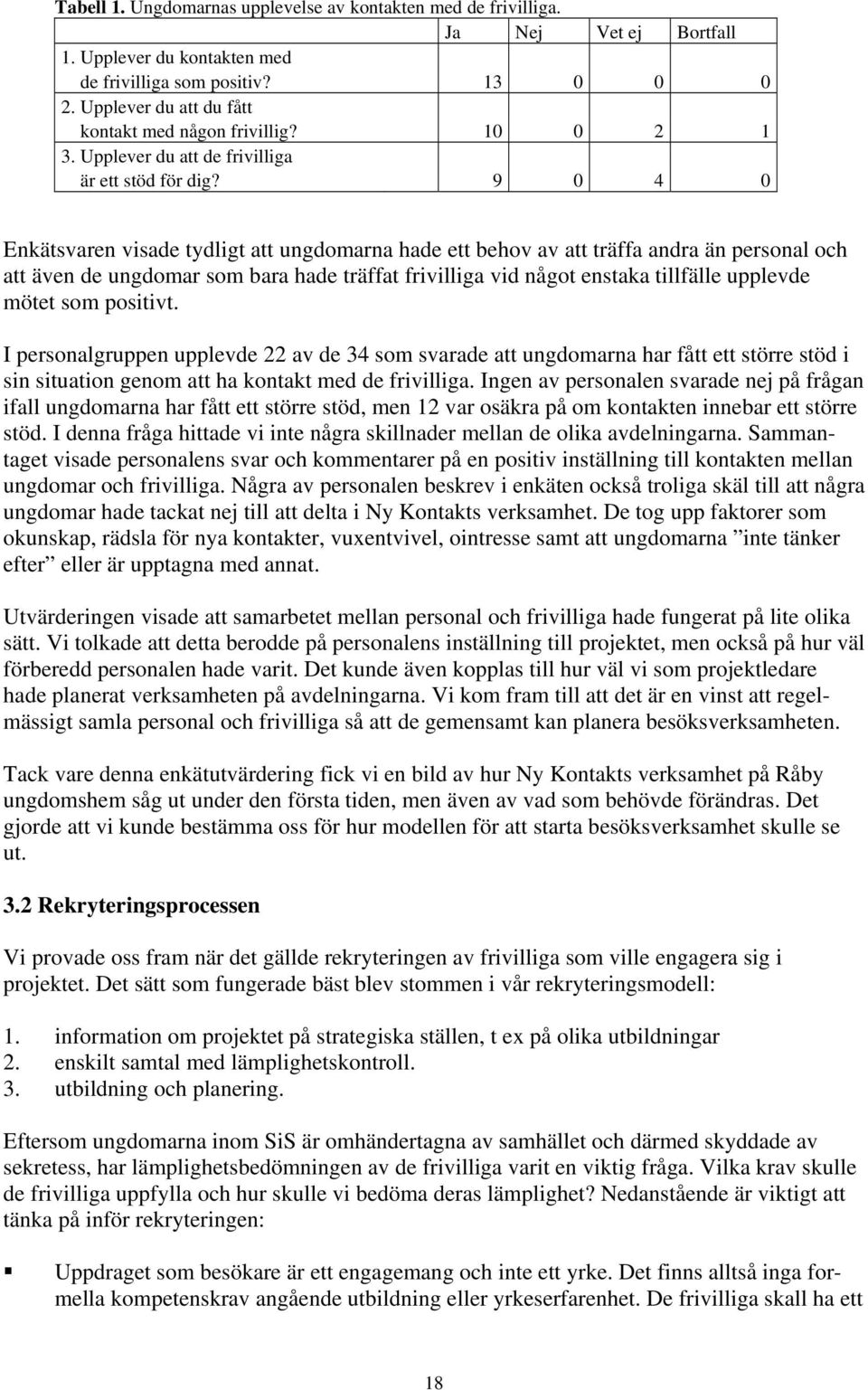 9 0 4 0 Enkätsvaren visade tydligt att ungdomarna hade ett behov av att träffa andra än personal och att även de ungdomar som bara hade träffat frivilliga vid något enstaka tillfälle upplevde mötet