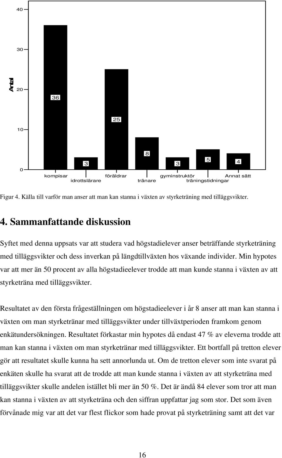 Sammanfattande diskussion Syftet med denna uppsats var att studera vad högstadielever anser beträffande styrketräning med tilläggsvikter och dess inverkan på längdtillväxten hos växande individer.