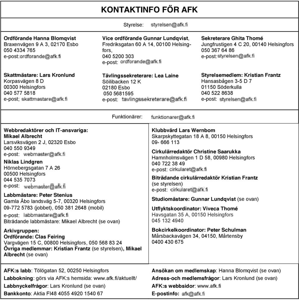 Helsingfors 050 367 64 86 Styrelsemedlem: Kristian Frantz Hansasbågen 3-5 D 7 01150 Söderkulla 040 5 8638 Funktionärer: Webbredaktörer och IT-ansvariga: Mikael Albrecht Larsviksvägen J, 030 Esbo 040