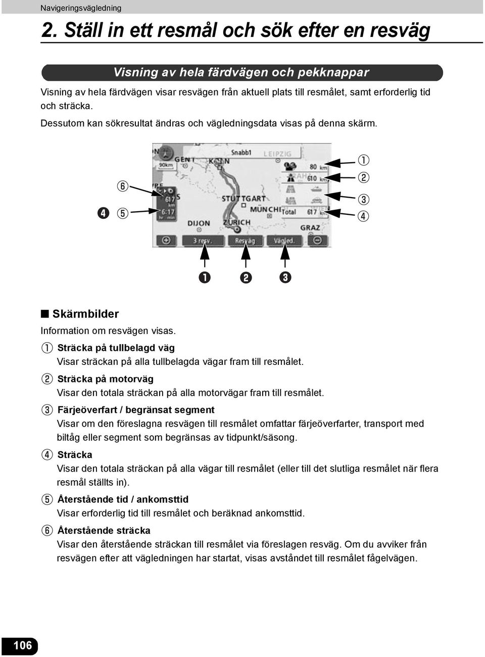 Sträcka på tullbelagd väg Visar sträckan på alla tullbelagda vägar fram till resmålet. Sträcka på motorväg Visar den totala sträckan på alla motorvägar fram till resmålet.