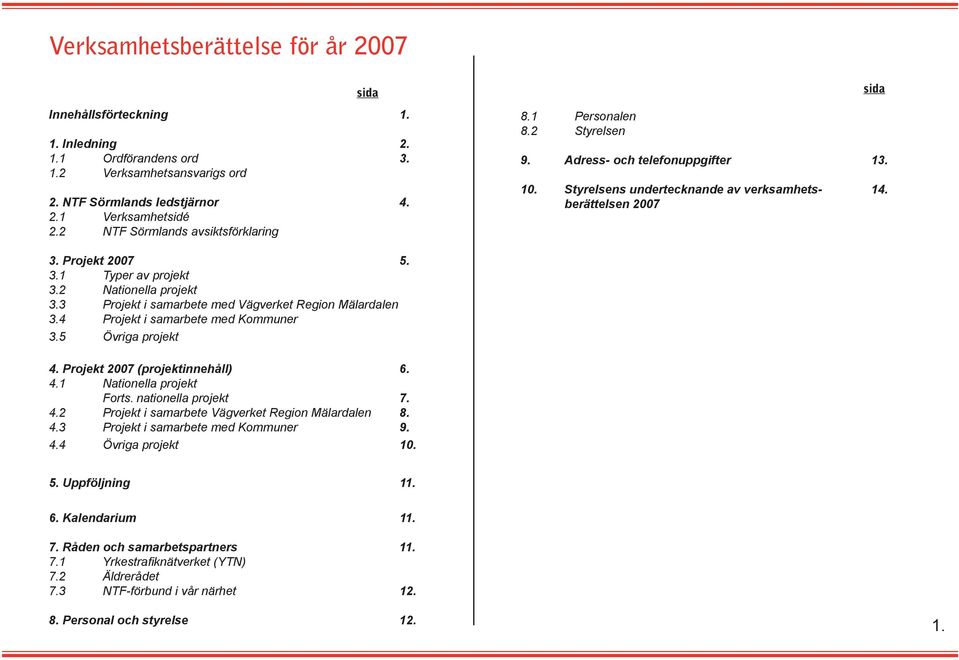 2 Nationella projekt 3.3 Projekt i samarbete med Vägverket Region Mälardalen 3.4 Projekt i samarbete med Kommuner 3.5 Övriga projekt 4. Projekt 2007 (projektinnehåll) 6. 4.1 Nationella projekt Forts.