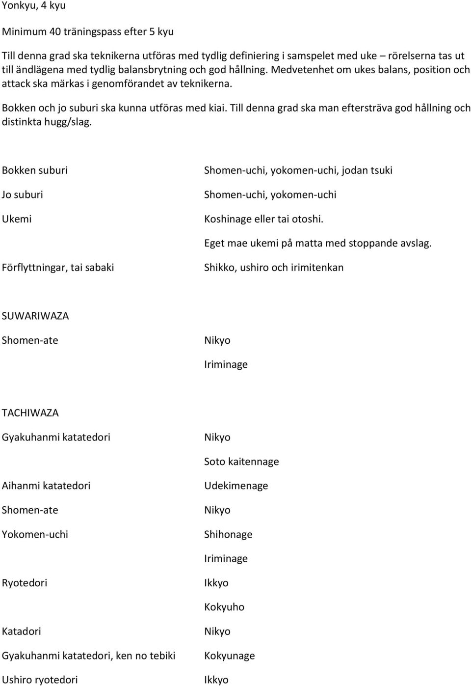 Till denna grad ska man eftersträva god hållning och distinkta hugg/slag. Bokken suburi Jo suburi Ukemi Shomen-uchi, yokomen-uchi, jodan tsuki Shomen-uchi, yokomen-uchi Koshinage eller tai otoshi.