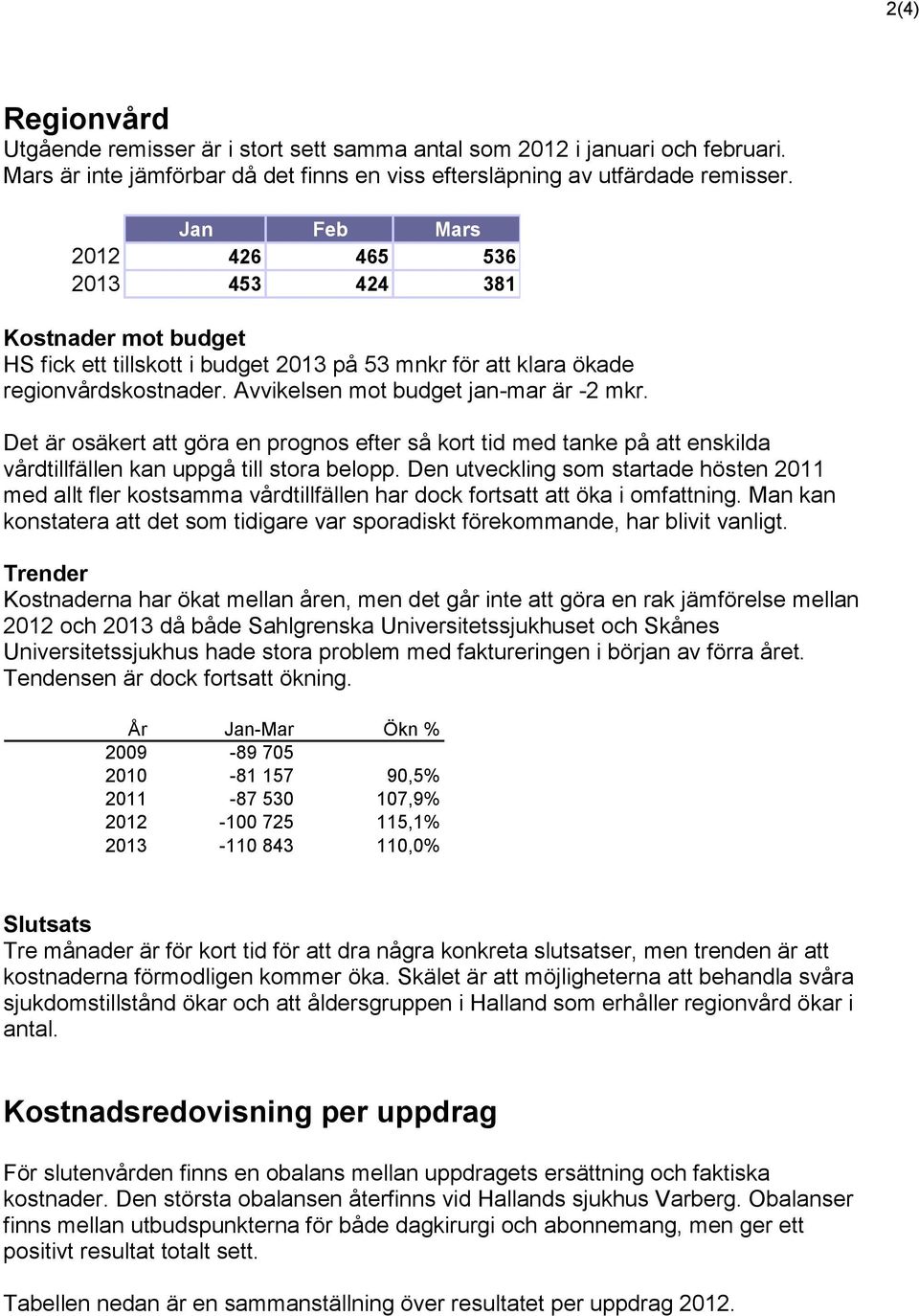 Det är osäkert att göra en prognos efter så kort tid med tanke på att enskilda vårdtillfällen kan uppgå till stora belopp.