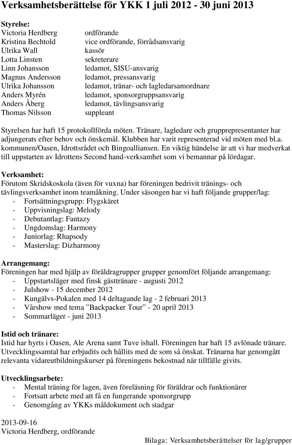 sponsorgruppsansvarig ledamot, tävlingsansvarig suppleant Styrelsen har haft 15 protokollförda möten. Tränare, lagledare och grupprepresentanter har adjungerats efter behov och önskemål.