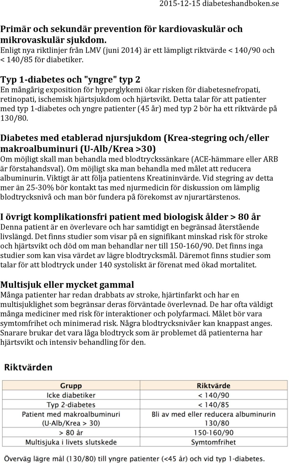 Detta talar för att patienter med typ 1- diabetes och yngre patienter (45 år) med typ 2 bör ha ett riktvärde på 130/80.