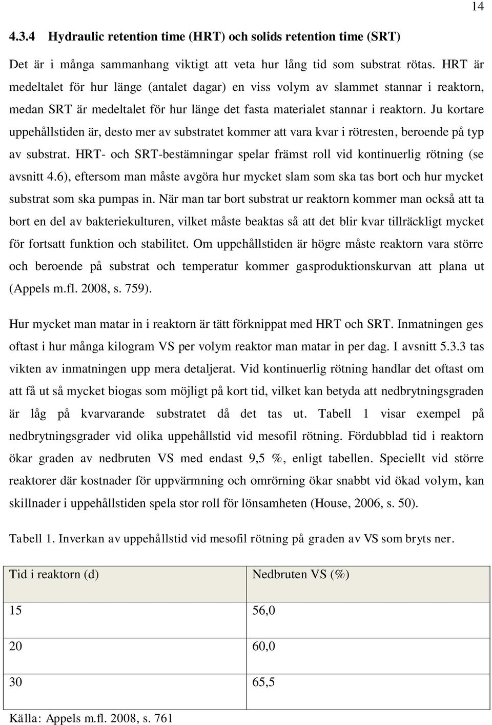 Ju kortare uppehållstiden är, desto mer av substratet kommer att vara kvar i rötresten, beroende på typ av substrat.