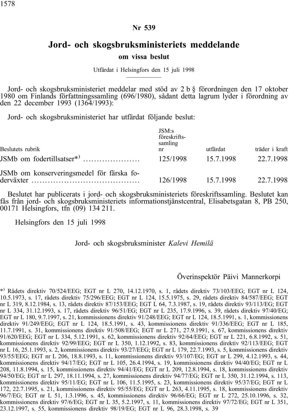 rubrik JSM:s föreskriftssamling nr utfärdat träder i kraft JSMb om fodertillsatser* )... 125/1998 15.7.1998 22.7.1998 JSMb om konserveringsmedel för färska foderväxter... 126/1998 15.7.1998 22.7.1998 Beslutet har publicerats i jord- och skogsbruksministeriets föreskriftssamling.