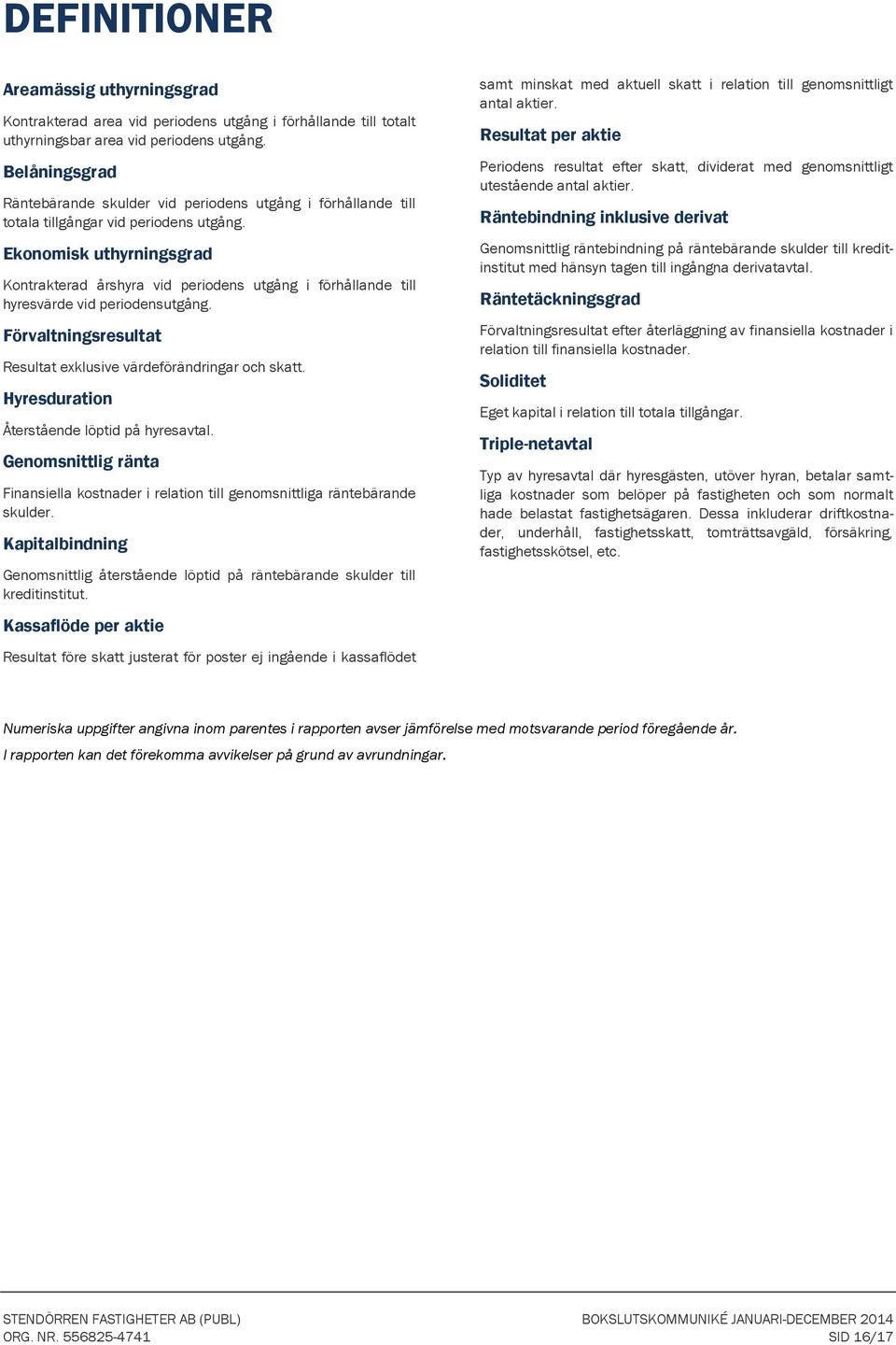 Ekonomisk uthyrningsgrad Kontrakterad årshyra vid periodens utgång i förhållande till hyresvärde vid periodensutgång. Förvaltningsresultat Resultat exklusive värdeförändringar och skatt.