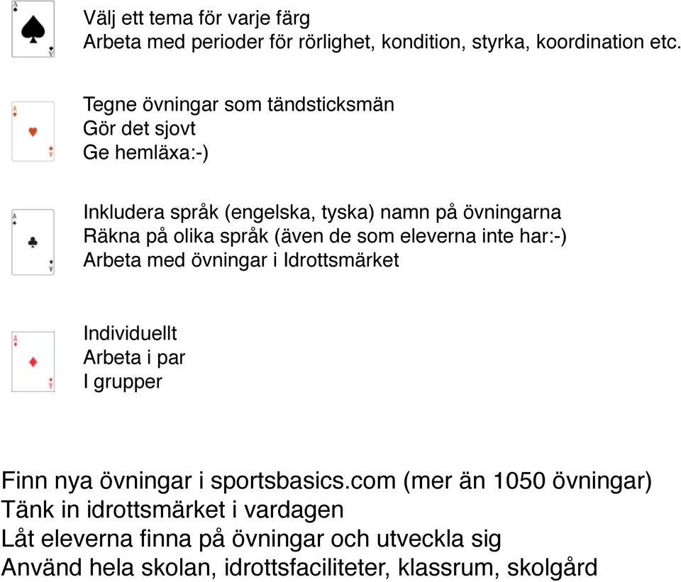 (även de som eleverna inte har:-) Arbeta med övningar i Idrottsmärket Individuellt Arbeta i par I grupper Finn nya övningar i