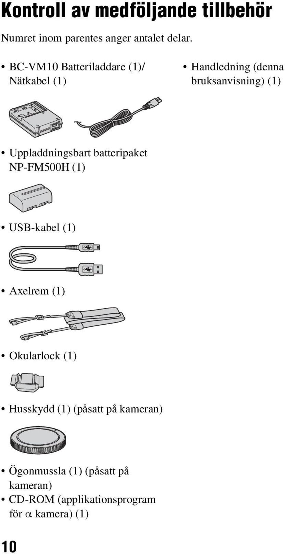 Uppladdningsbart batteripaket NP-FM500H (1) USB-kabel (1) Axelrem (1) Okularlock (1) Husskydd