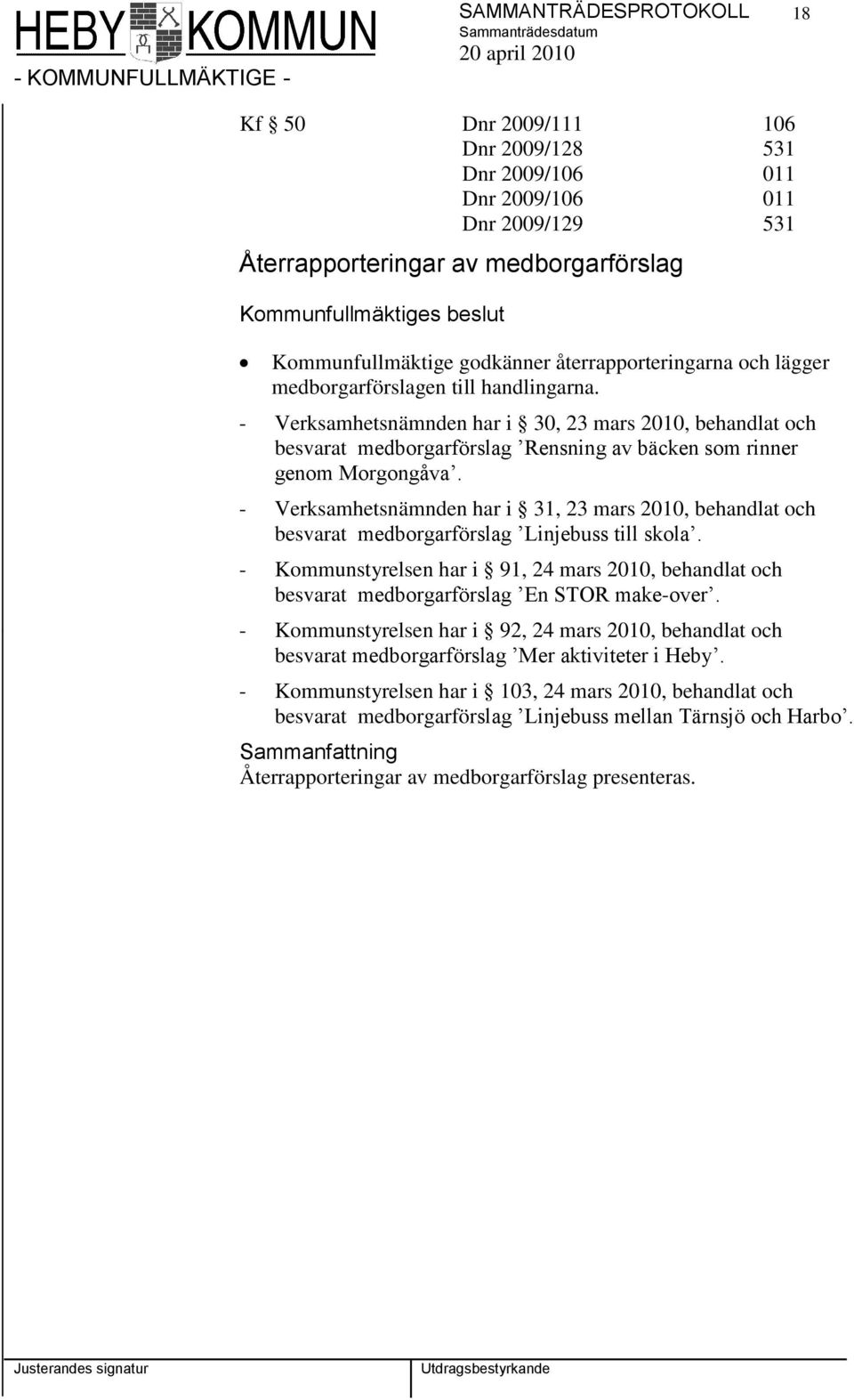 - Verksamhetsnämnden har i 30, 23 mars 2010, behandlat och besvarat medborgarförslag Rensning av bäcken som rinner genom Morgongåva.