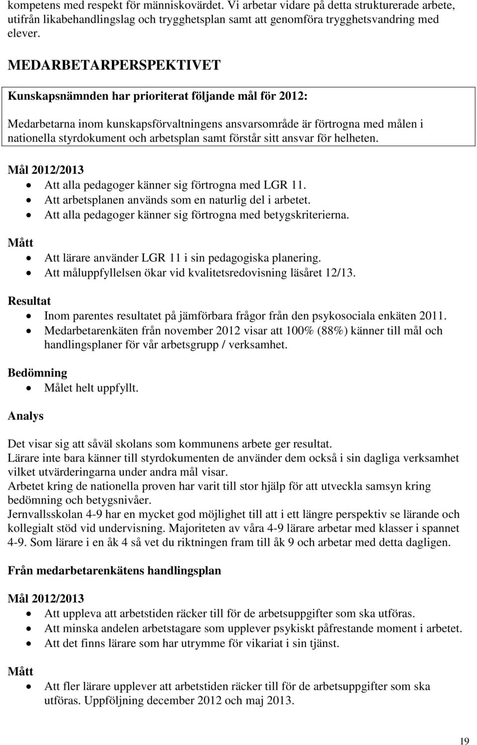 samt förstår sitt ansvar för helheten. Mål 2012/2013 Att alla pedagoger känner sig förtrogna med LGR 11. Att arbetsplanen används som en naturlig del i arbetet.