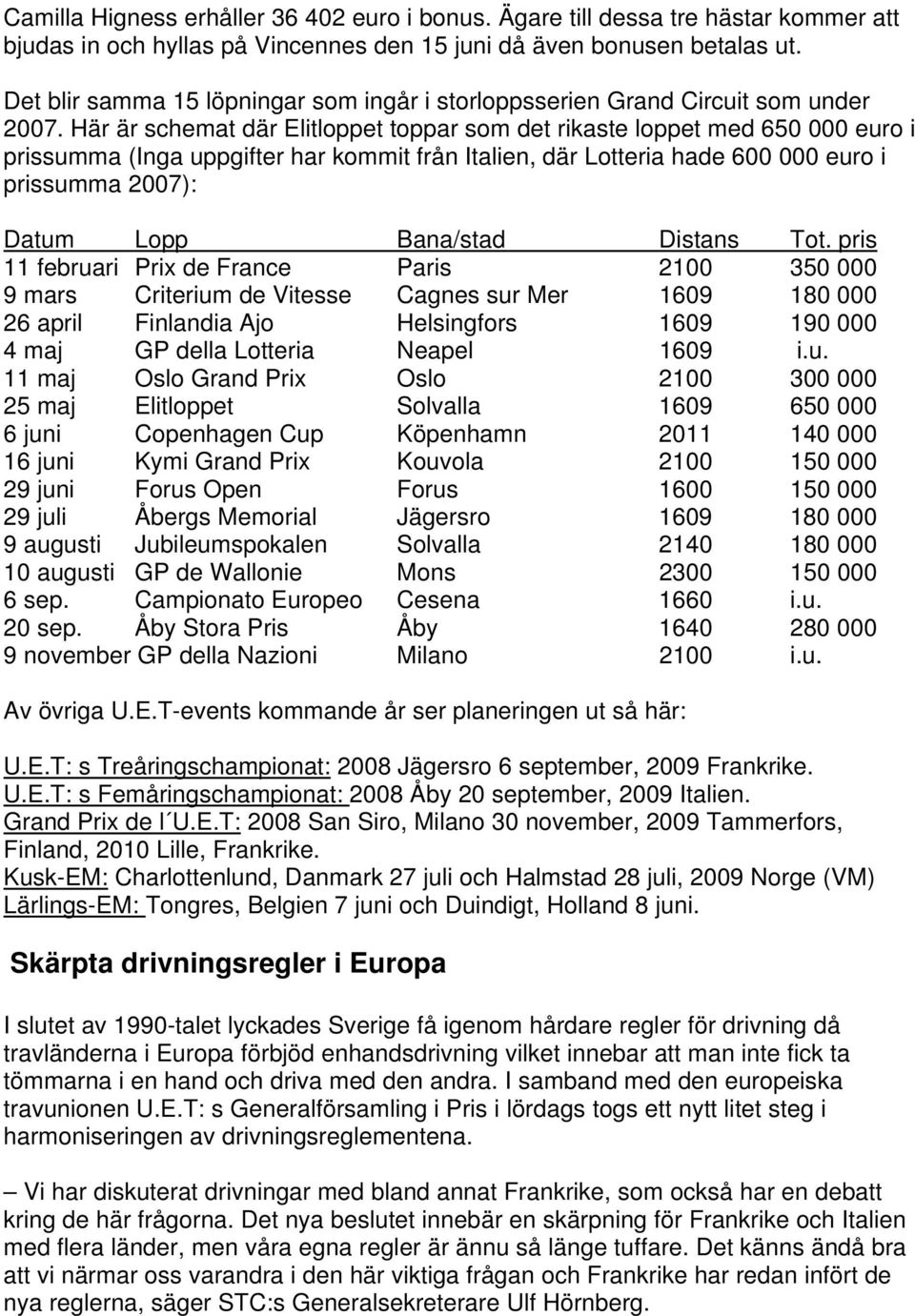 Här är schemat där Elitloppet toppar som det rikaste loppet med 650 000 euro i prissumma (Inga uppgifter har kommit från Italien, där Lotteria hade 600 000 euro i prissumma 2007): Datum Lopp